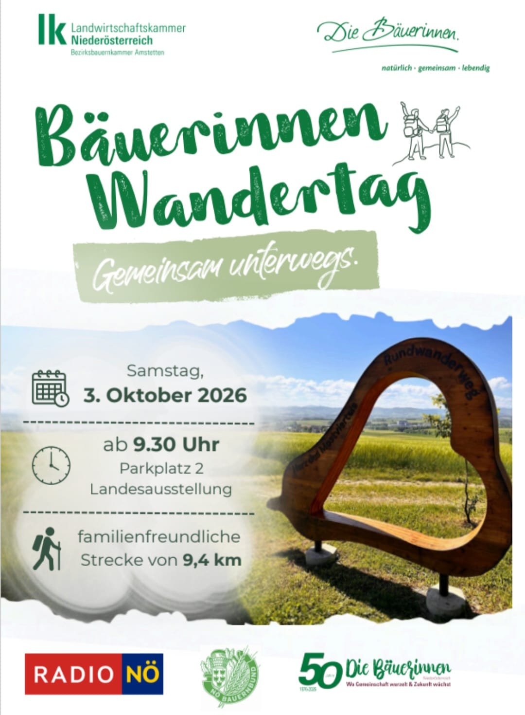 Bäuerinnen Wandertag am 3. Oktober 2026 in Amstetten mit 9,4 km Strecke